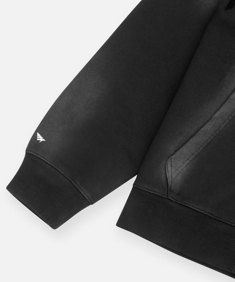 Black Paper Planes Planes Arched Heavyweight Zip Hoodie with towel embroidery, pigment spray effect, silicone flag, and relaxed fit.