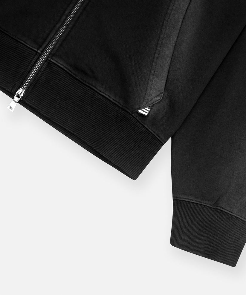 Black Paper Planes Planes Arched Heavyweight Zip Hoodie with towel embroidery, pigment spray effect, silicone flag, and relaxed fit.