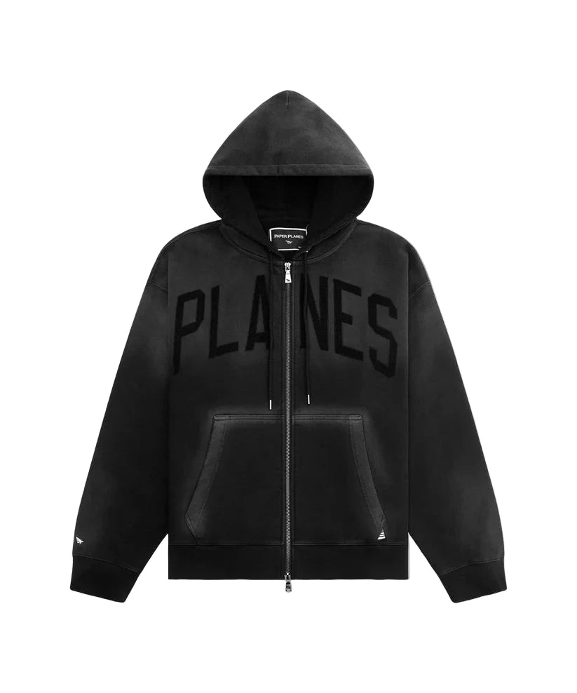 Black Paper Planes Planes Arched Heavyweight Zip Hoodie with towel embroidery, pigment spray effect, silicone flag, and relaxed fit.