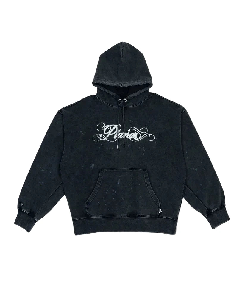Paper Plane black heavyweight hoodie with splatter effect, 3D front embroidery, and relaxed fit.