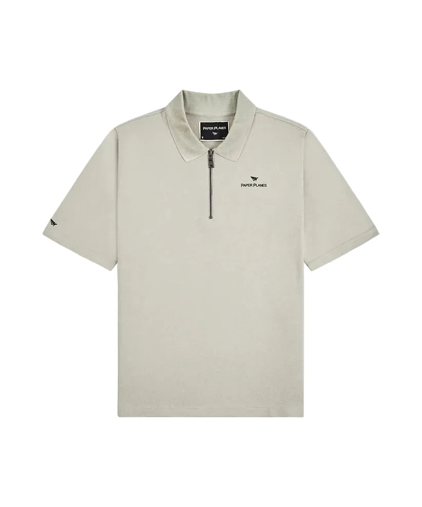 Paper Planes Lockup quarter zip polo in grey with heavyweight French Terry cotton, branded zipper, ribbed collar, and signature silicone logo details.