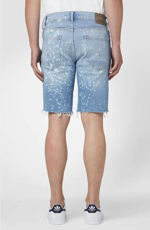  Hudson Blinder Biker V2 Short in Indigo Spray with ribbed panels, zip pockets, and slim moto fit