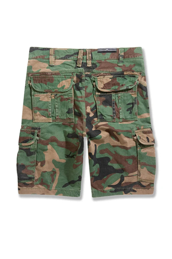 Knee-length cargo shorts with side cargo pockets, adjustable waistband, and cotton twill fabric for summer utility style
