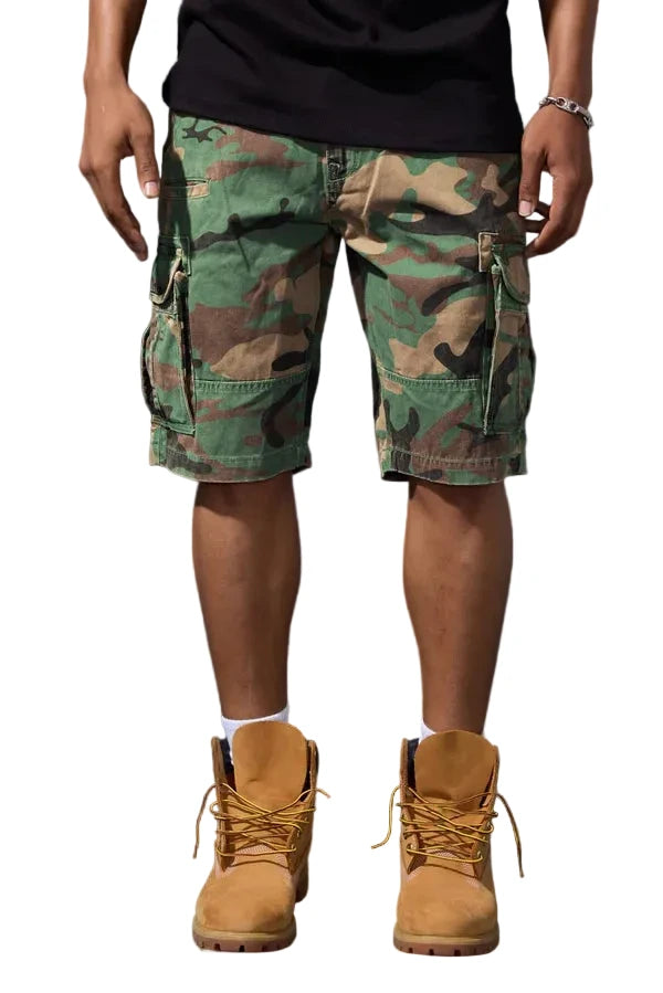Knee-length cargo shorts with side cargo pockets, adjustable waistband, and cotton twill fabric for summer utility style