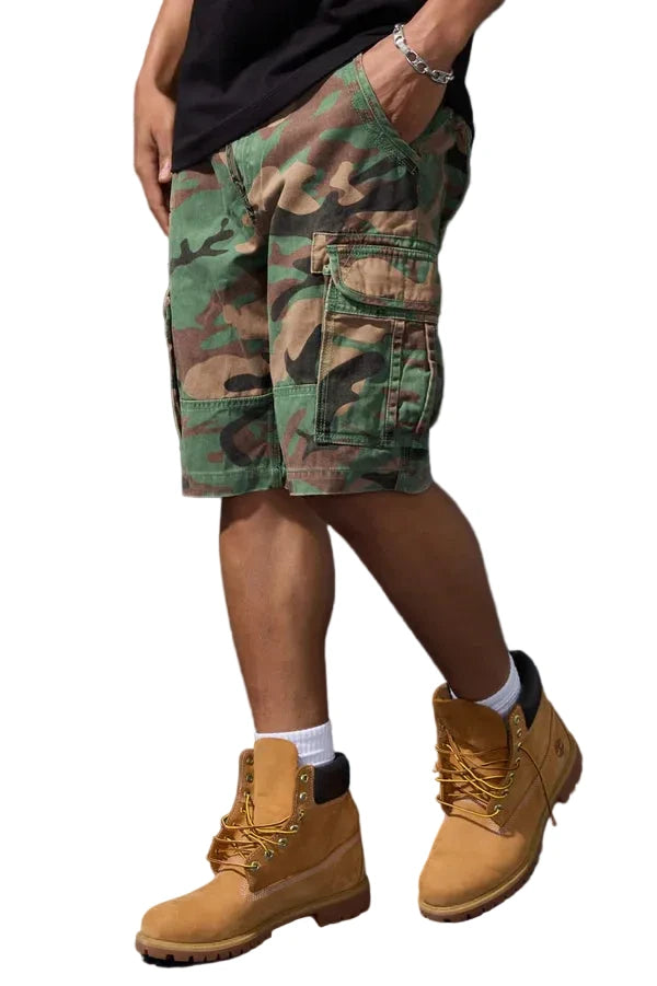 Knee-length cargo shorts with side cargo pockets, adjustable waistband, and cotton twill fabric for summer utility style