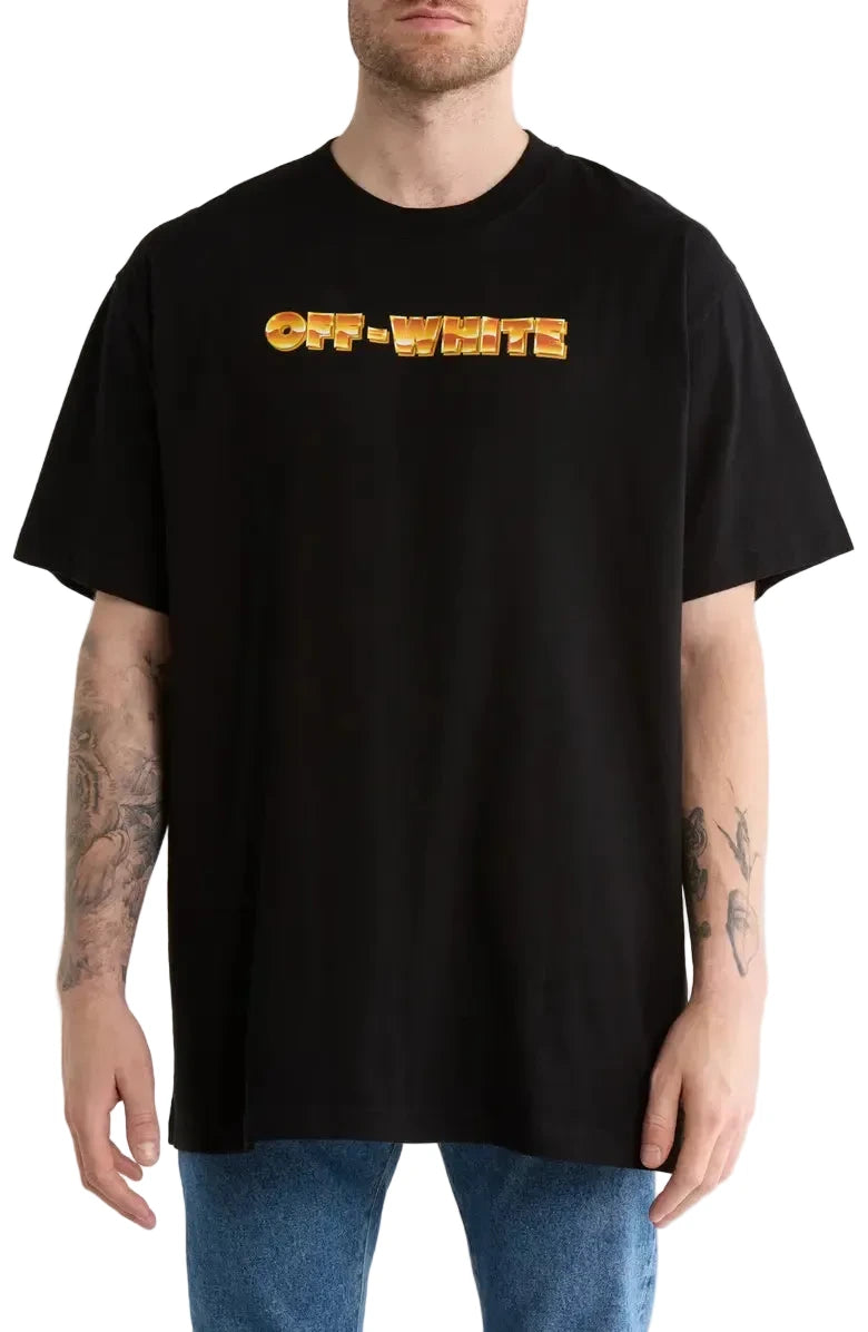 Off-White Metal Arrow Skate T-shirt in black with a gleaming logo graphic at the chest.