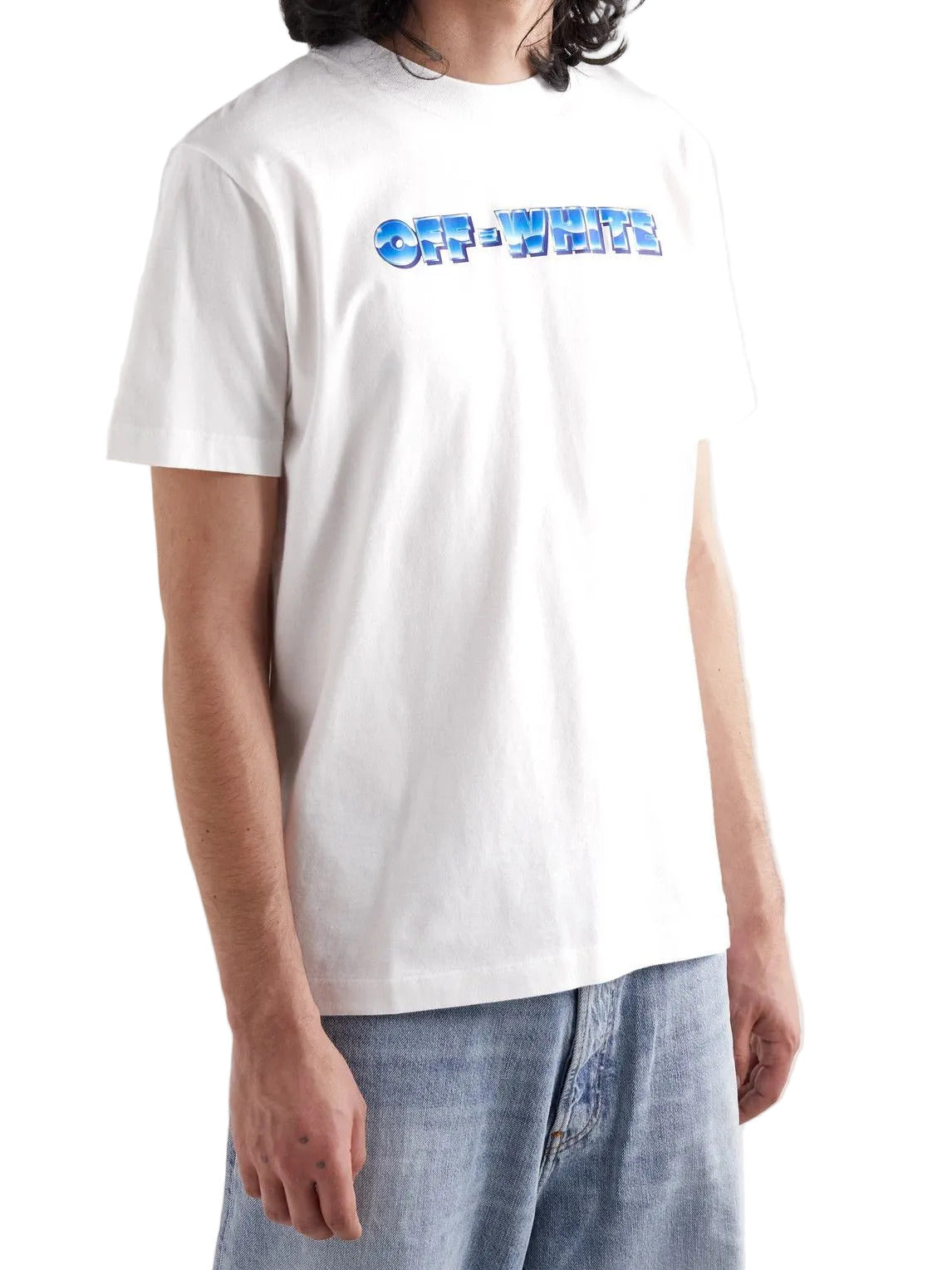 OFF-WHITE Metal Arrow Skate T-shirt in white with chest logo print and seasonal graphic on the back.