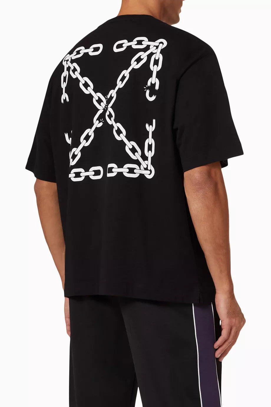 Off-White Chain Arrow Skate T-shirt in black with chest logo print and chainlink arrow graphic on the back.
