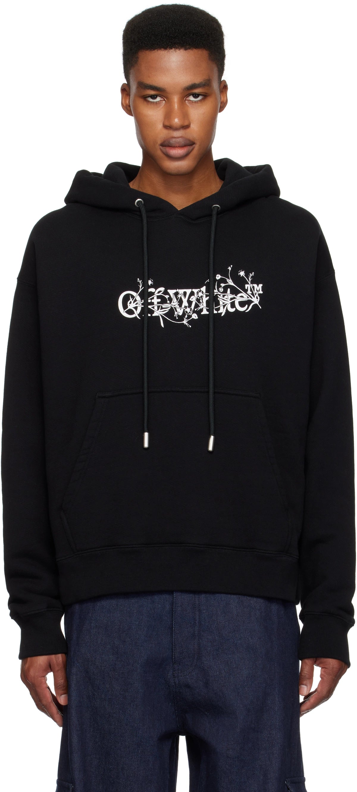 Off-White Bookish Flower Skate hoodie with script logo graphics, drawstring hood, and kangaroo pocket.