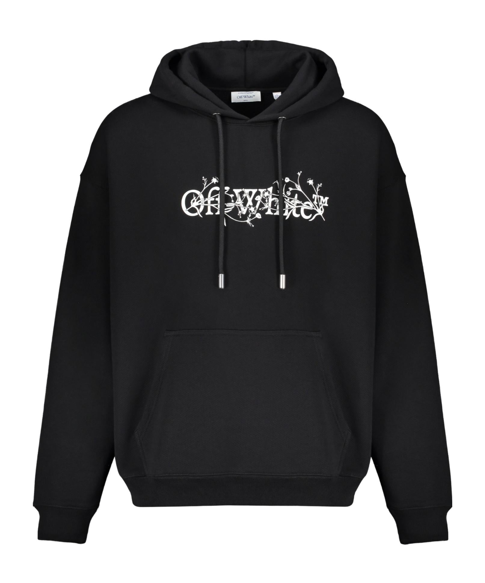 Off-White Bookish Flower Skate hoodie with script logo graphics, drawstring hood, and kangaroo pocket.