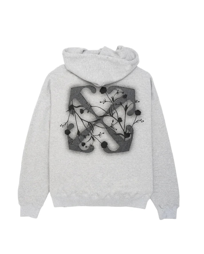Off-White Flower Arrow Skate hoodie in light grey with arrow and floral graphic, drawstring hood, and kangaroo pocket.