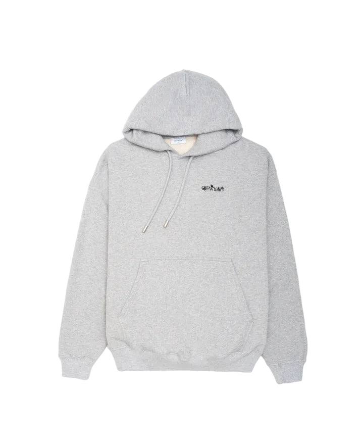 Off-White Flower Arrow Skate hoodie in light grey with arrow and floral graphic, drawstring hood, and kangaroo pocket.