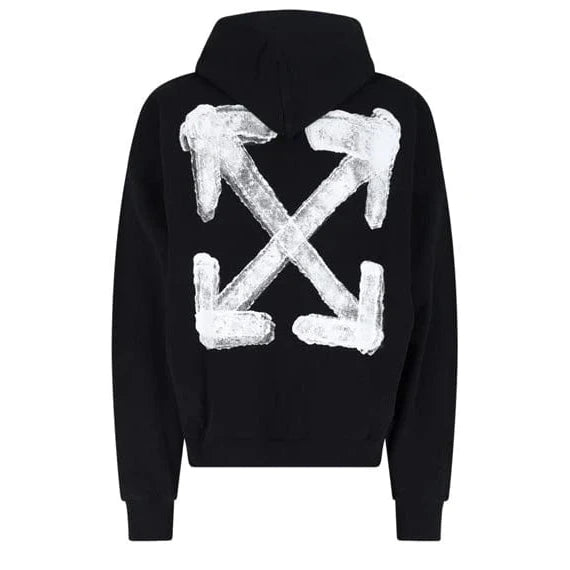 Off-White Spray Arrow Skate hoodie in black and white with a blurry graphic logo, drawstring hood, and kangaroo pocket.