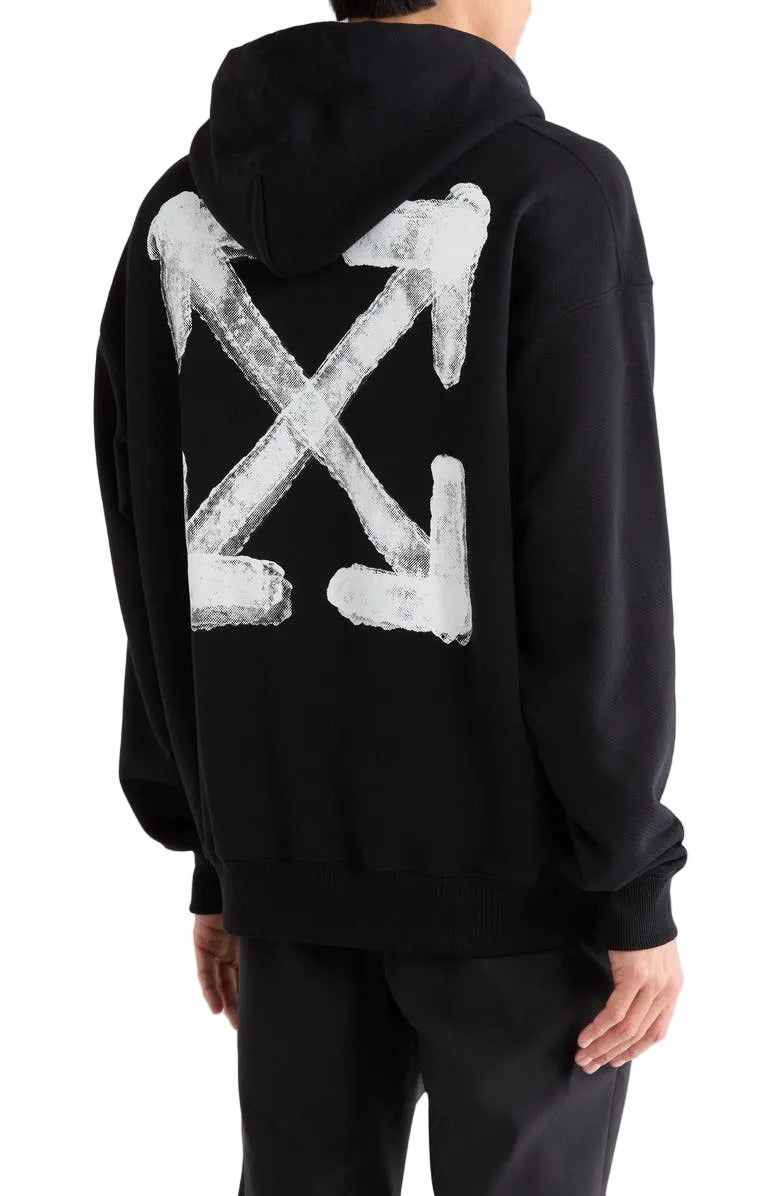 Off-White Spray Arrow Skate hoodie in black and white with a blurry graphic logo, drawstring hood, and kangaroo pocket.