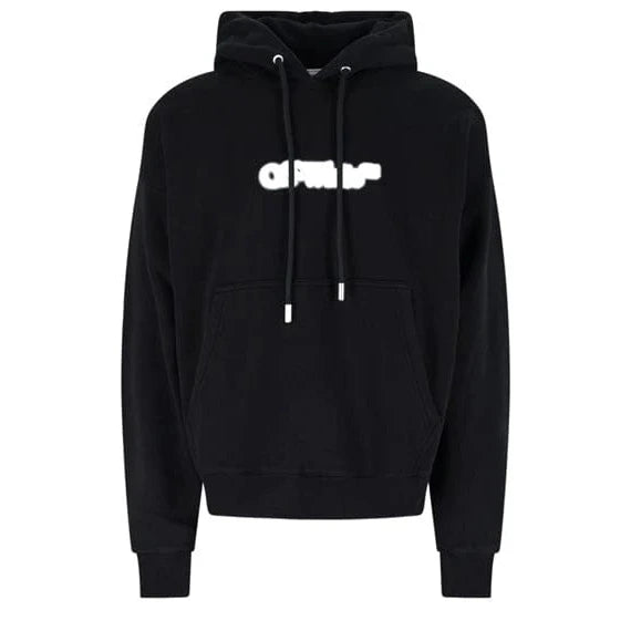 Off-White Spray Arrow Skate hoodie in black and white with a blurry graphic logo, drawstring hood, and kangaroo pocket.