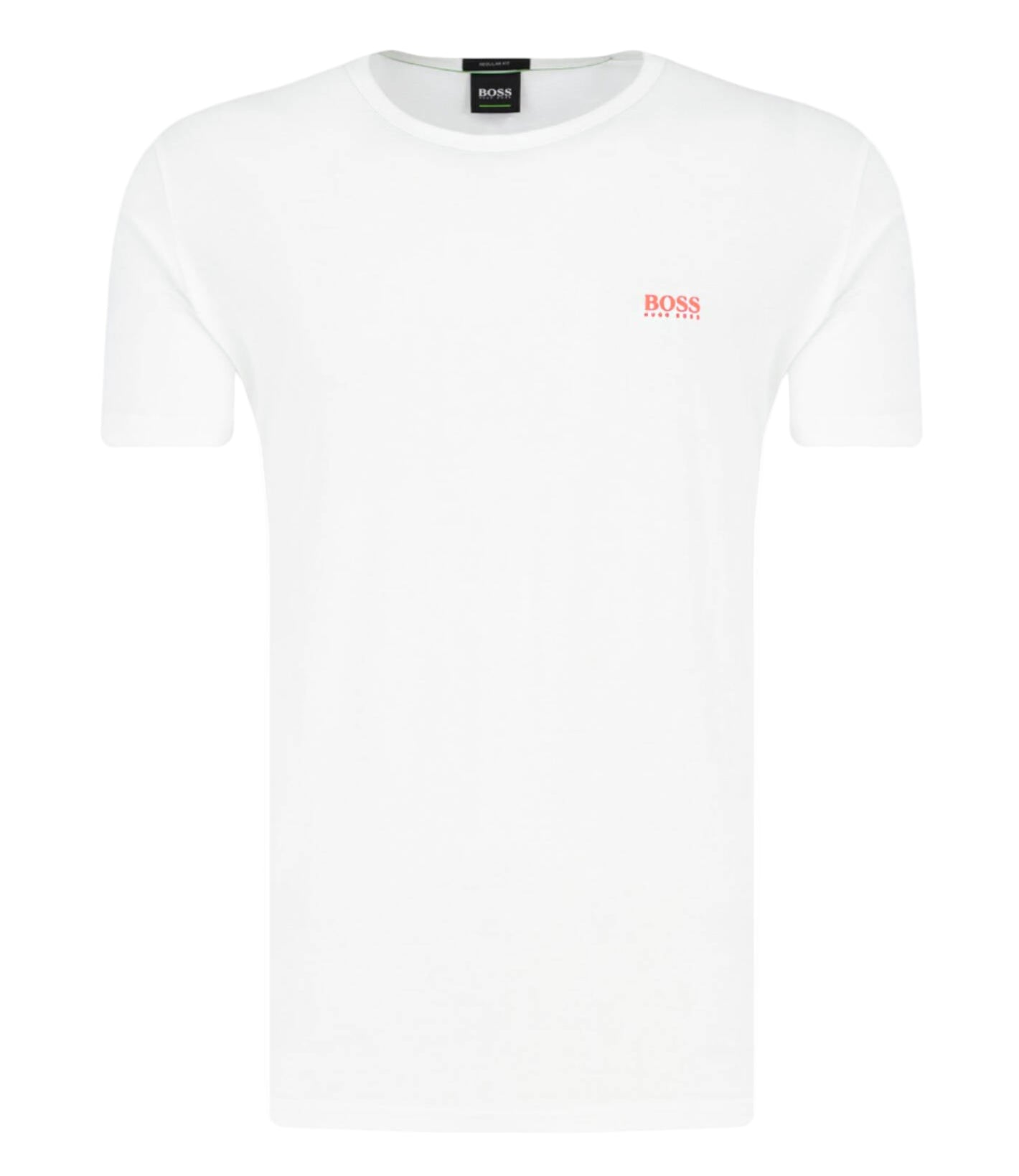 Elevate your everyday essentials with the Hugo Boss Basic Tee (White) featuring a bold orange front logo and matching back-neck branding. 