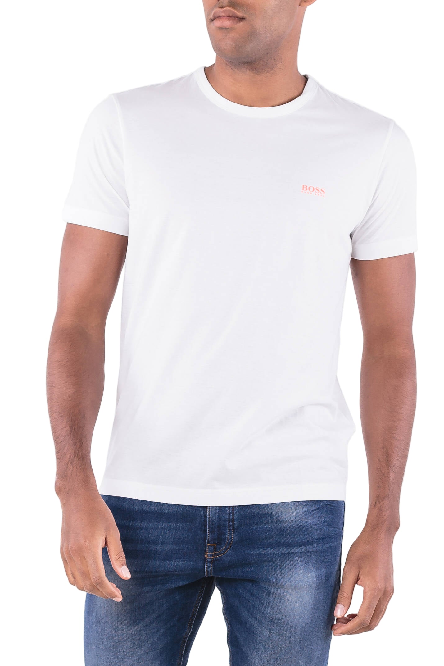 Elevate your everyday essentials with the Hugo Boss Basic Tee (White) featuring a bold orange front logo and matching back-neck branding. 