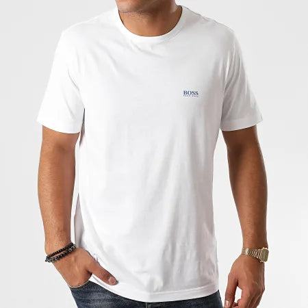 Upgrade your everyday wardrobe with the Hugo Boss Basic Tee (White with Blue Logo) — the perfect blend of minimalism, comfort, and premium designer style
