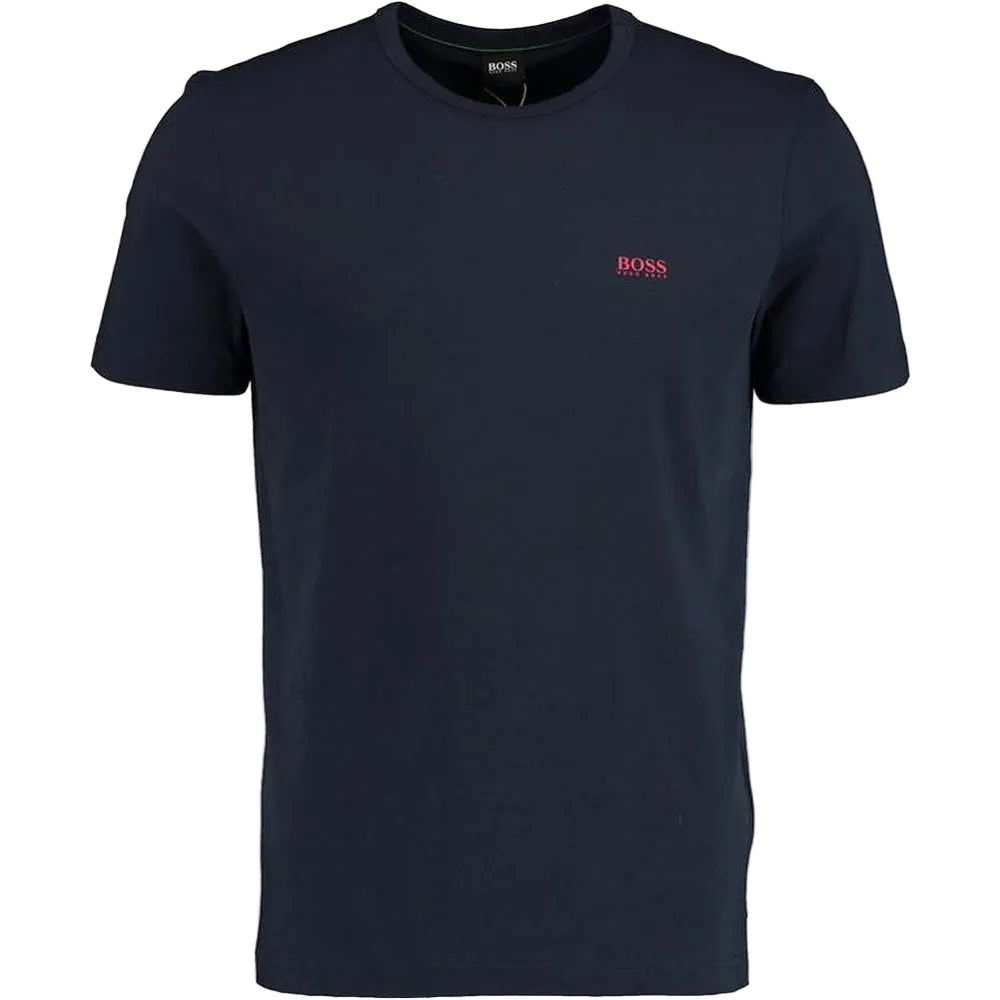 Upgrade your everyday style with the Hugo Boss Basic Tee in Navy Blue, featuring a bold red BOSS front logo and matching red logo detail on the back neck. 