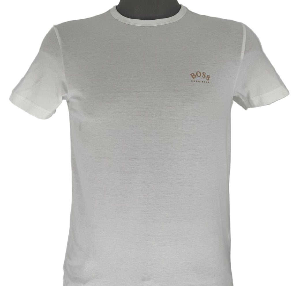Clean, elegant, and unmistakably premium — the Hugo Boss Basic White T-Shirt with Gold Curved Logo is designed for those who value luxury in simplicity.