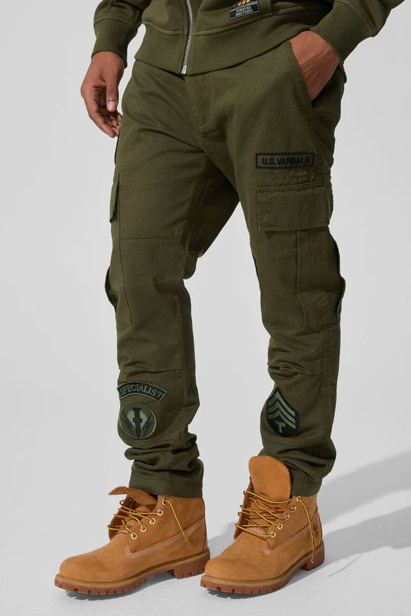 Xavier Prestige Tonal Cargo Pants in cotton with loose hip-to-thigh fit, tapered legs, functional cargo pockets, and tonal embroidered patches