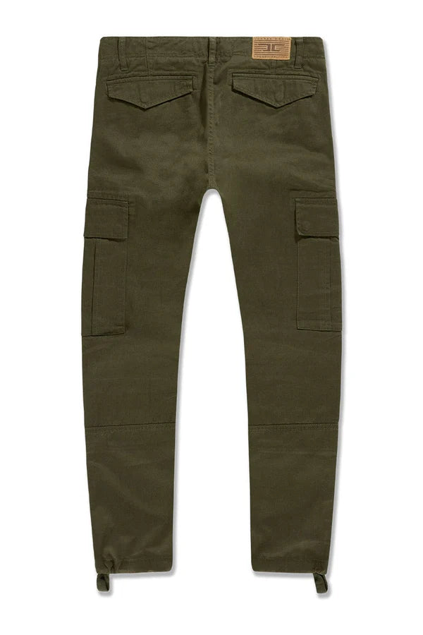 Xavier Prestige Tonal Cargo Pants in cotton with loose hip-to-thigh fit, tapered legs, functional cargo pockets, and tonal embroidered patches