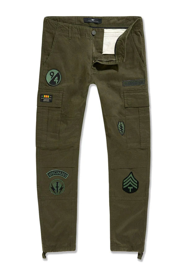 Xavier Prestige Tonal Cargo Pants in cotton with loose hip-to-thigh fit, tapered legs, functional cargo pockets, and tonal embroidered patches