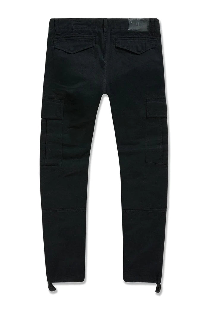 Xavier Prestige Tonal Cargo Pants in cotton with loose hip-to-thigh fit, tapered legs, functional cargo pockets, and tonal embroidered patches