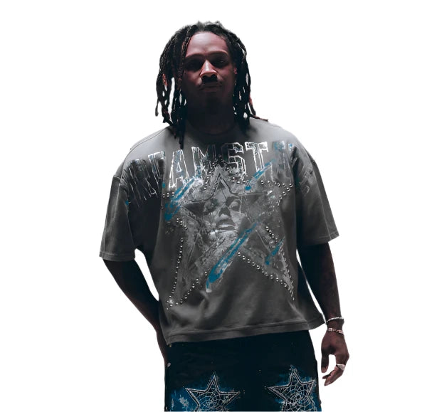 Hudson Outerwear grey cotton T-shirt with bold graphic print, crew neck, and durable everyday fit for men