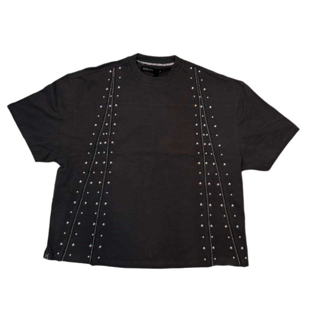 Black t-shirt with silver studs on a white background