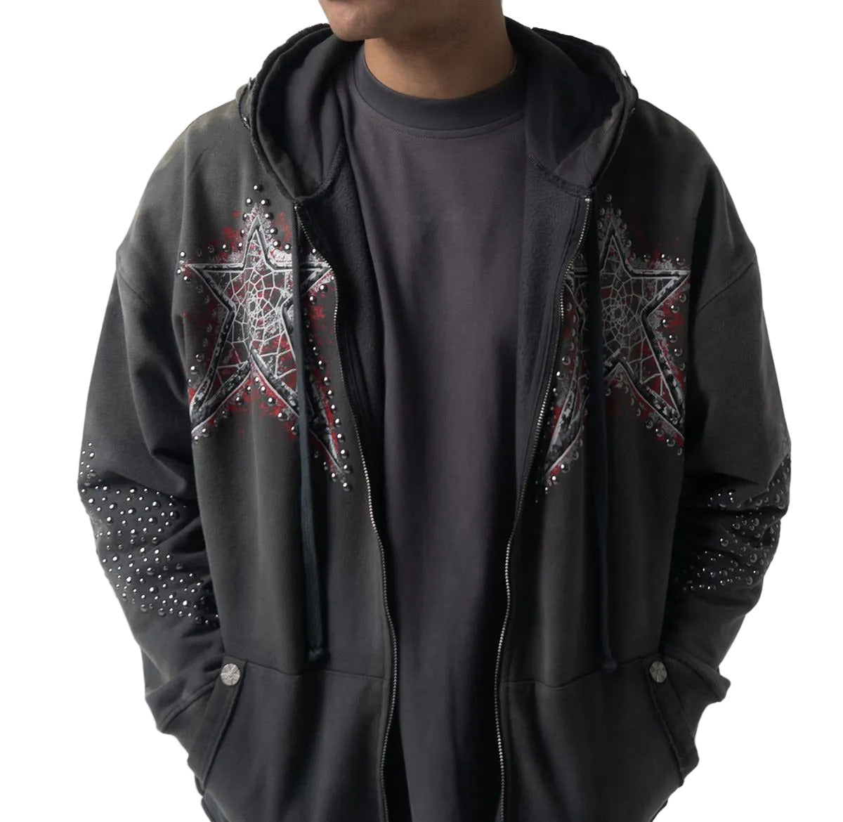 Grey Hudson Outerwear Dreamstate Star Studs Zip Hoody with stud detailing.