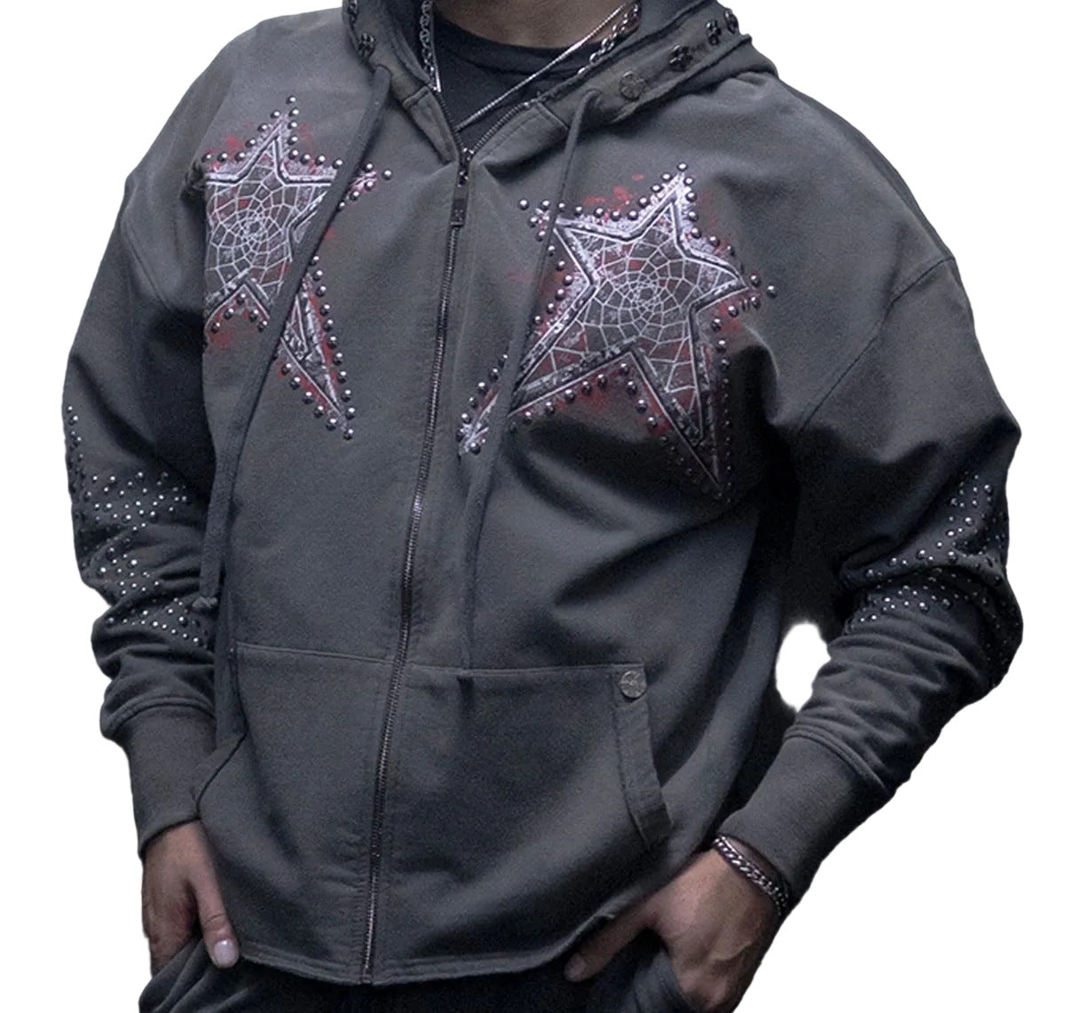 Grey Hudson Outerwear Dreamstate Star Studs Zip Hoody with stud detailing.