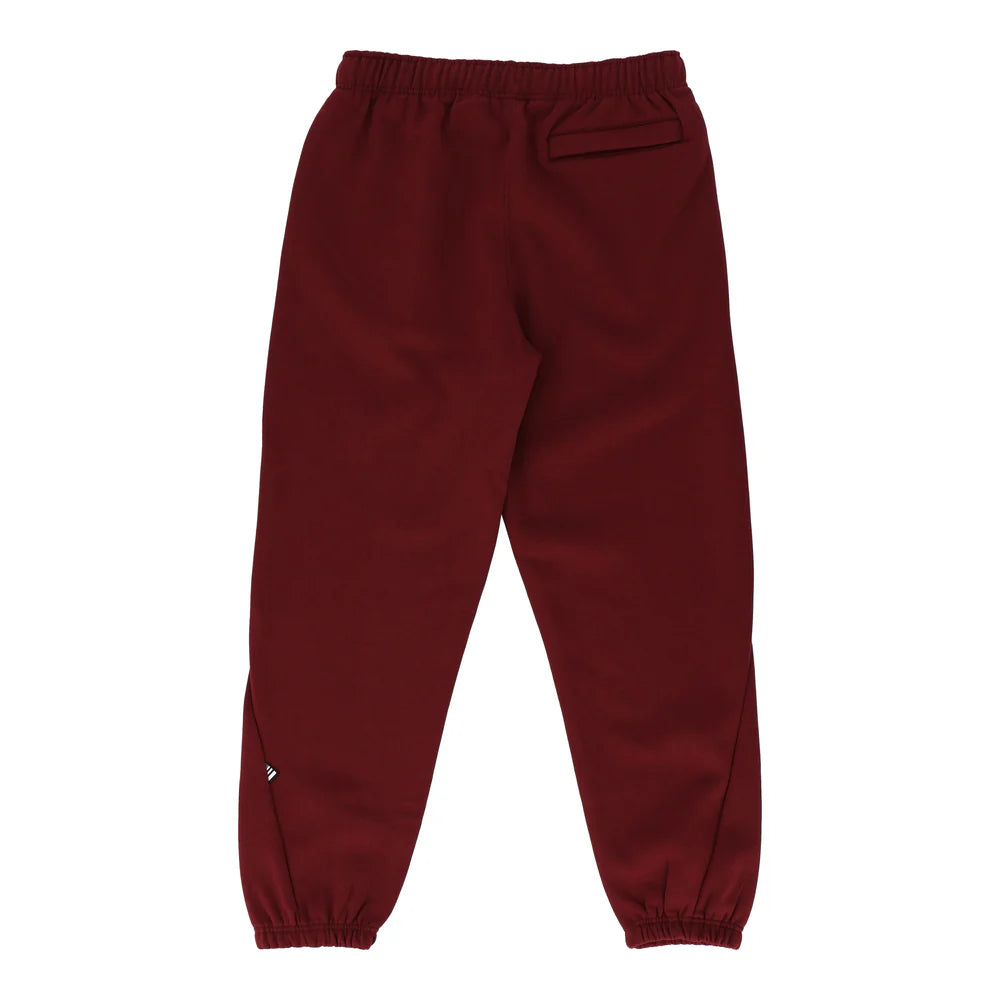 Paper Plane Script Weld burgundy sweatpants with structured fit and welded construction for everyday wear.