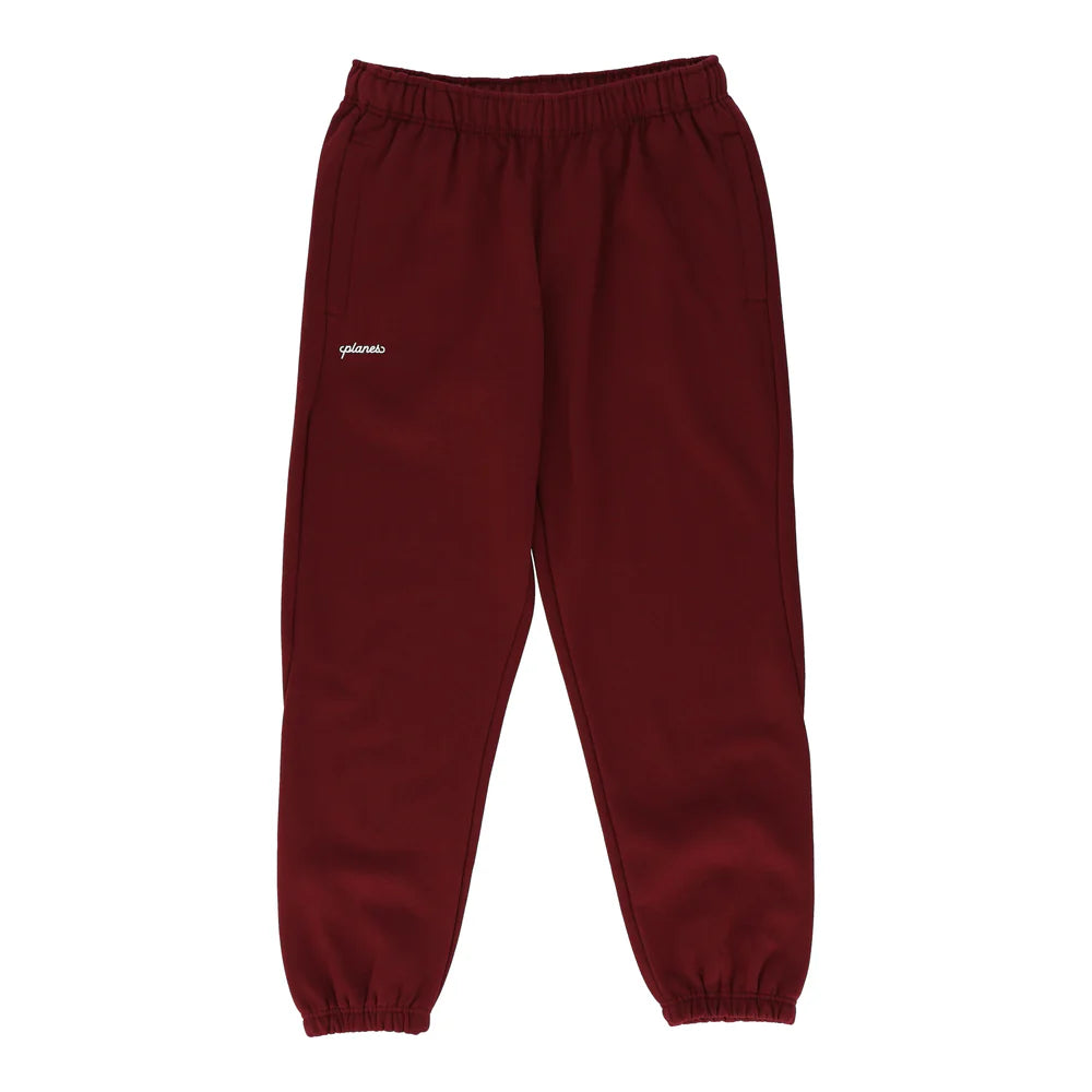 Paper Plane Script Weld burgundy sweatpants with structured fit and welded construction for everyday wear.