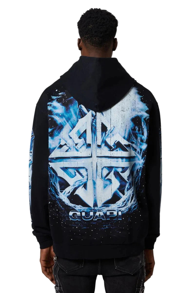 GUAPI Heavens Vault Hoodie V3 in black with oversized fit, flame vortex graphic, rhinestone accents, and all-over digital artwork.
