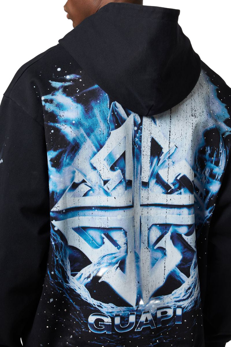 GUAPI Heavens Vault Hoodie V3 in black with oversized fit, flame vortex graphic, rhinestone accents, and all-over digital artwork.