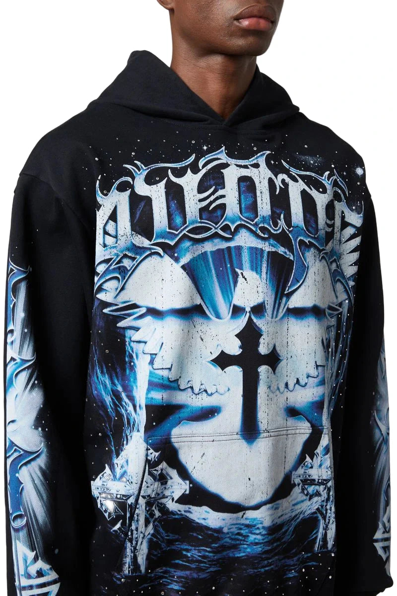 GUAPI Heavens Vault Hoodie V3 in black with oversized fit, flame vortex graphic, rhinestone accents, and all-over digital artwork.
