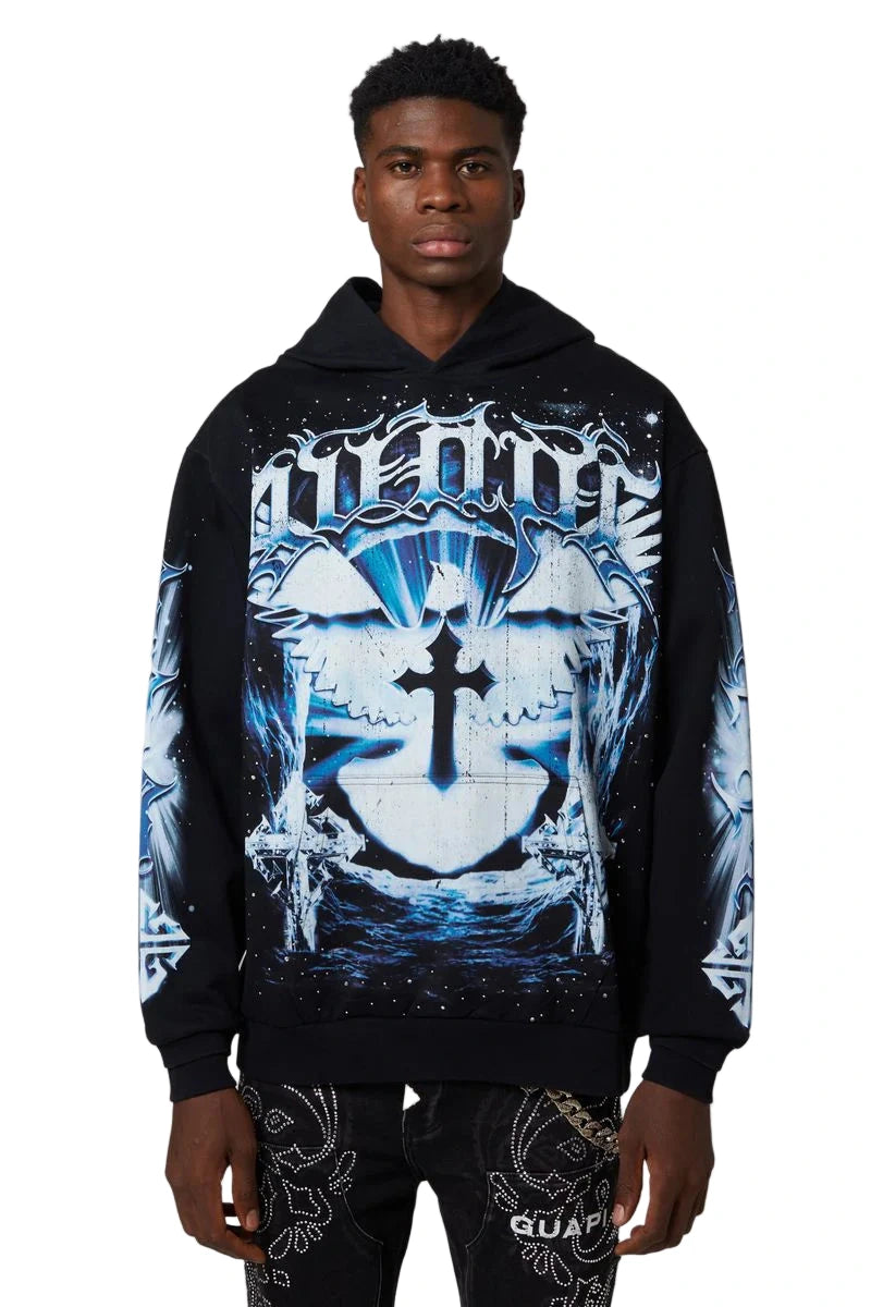 GUAPI Heavens Vault Hoodie V3 in black with oversized fit, flame vortex graphic, rhinestone accents, and all-over digital artwork.