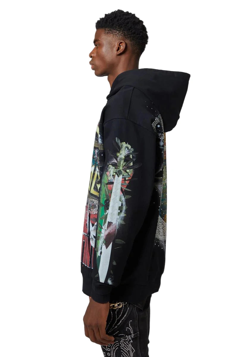 GUAPI Free Palestine Hoodie in black with oversized fit, multicolor front graphic, Dome of the Rock artwork on back, and rhinestone embellishments.