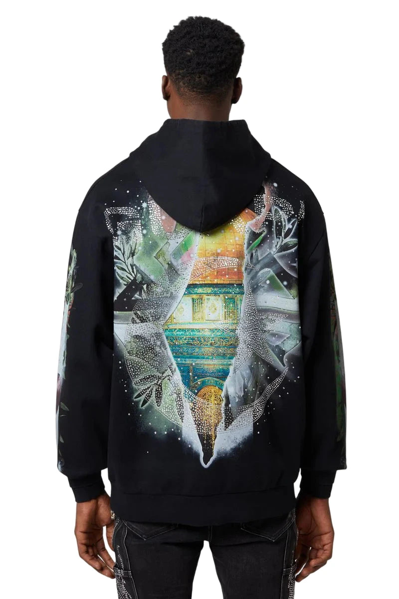 GUAPI Free Palestine Hoodie in black with oversized fit, multicolor front graphic, Dome of the Rock artwork on back, and rhinestone embellishments.