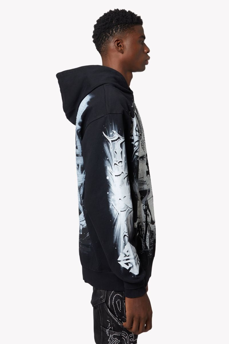 GUAPI Heavens Vault Hoodie V3 in jet black with ice blue and white graphics, crystal rhinestone embellishments, double-eagle front print, cosmic back emblem, and oversized drop-shoulder fit.