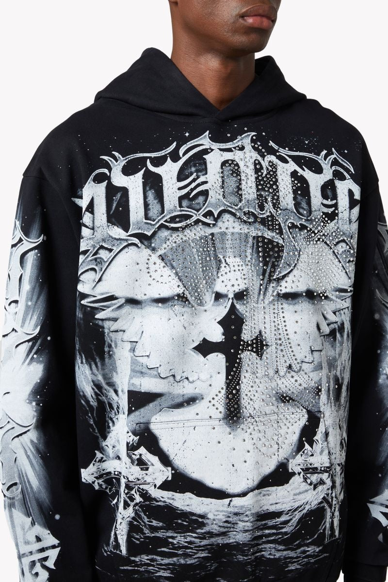 GUAPI Heavens Vault Hoodie V3 in jet black with ice blue and white graphics, crystal rhinestone embellishments, double-eagle front print, cosmic back emblem, and oversized drop-shoulder fit.