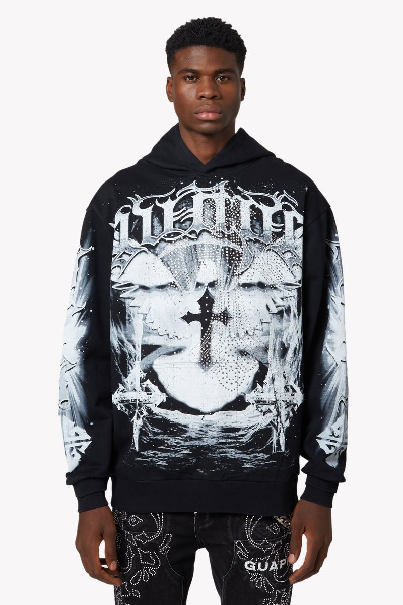 GUAPI Heavens Vault Hoodie V3 in jet black with ice blue and white graphics, crystal rhinestone embellishments, double-eagle front print, cosmic back emblem, and oversized drop-shoulder fit.