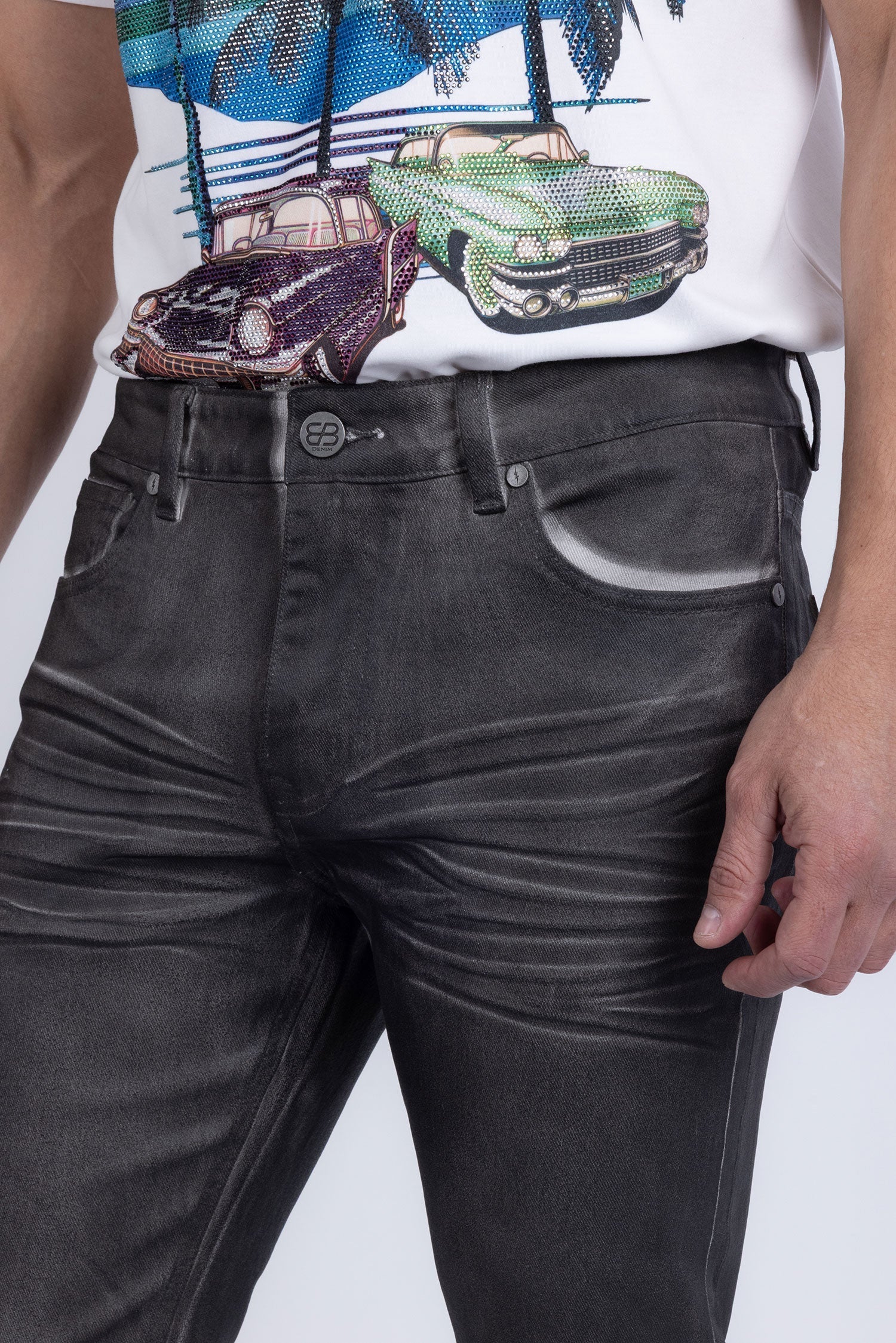 Barabas Harmis Pant in harbor mist with coated denim finish, lightweight stretch fabric, and modern tailored fit
