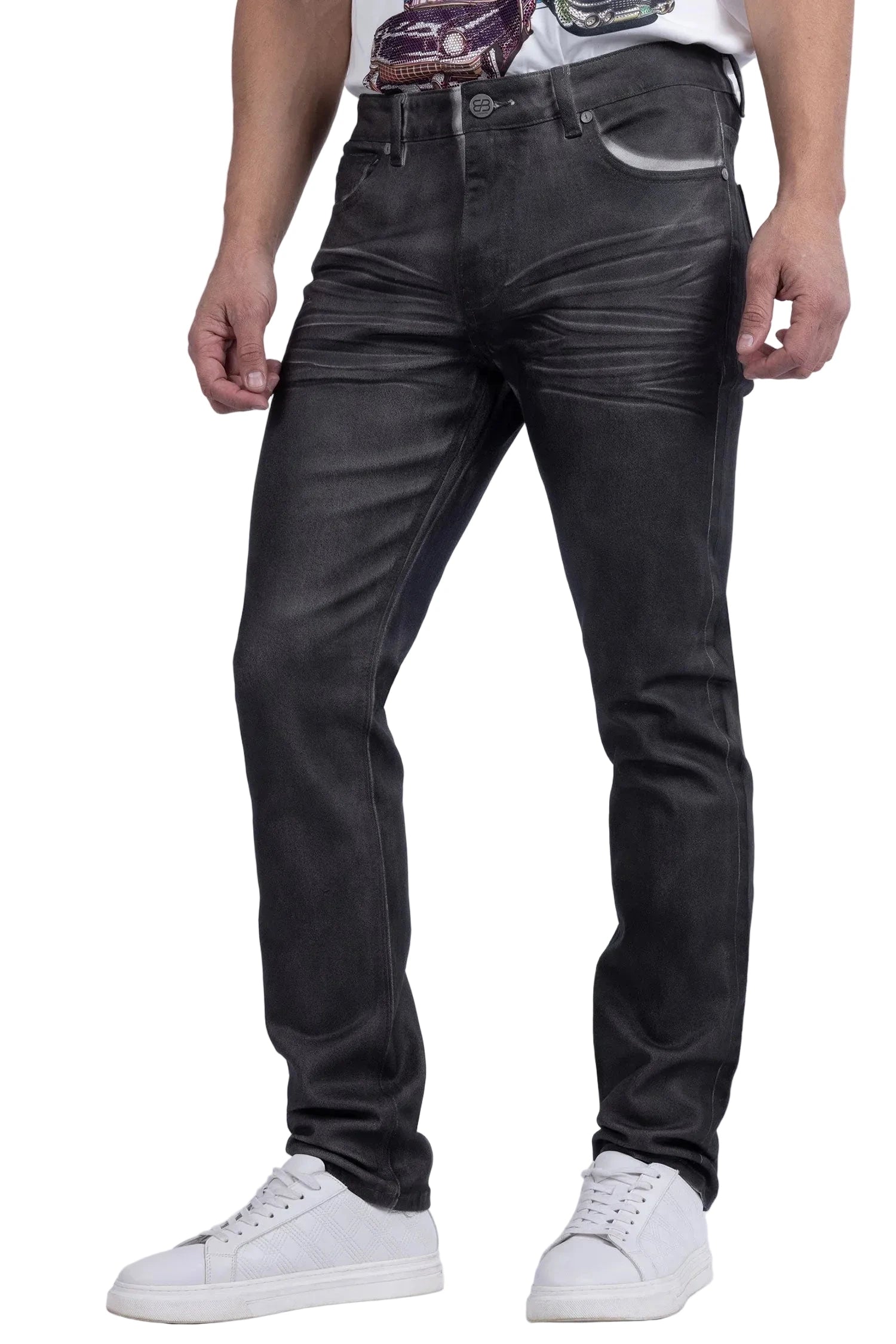 Barabas Harmis Pant in harbor mist with coated denim finish, lightweight stretch fabric, and modern tailored fit