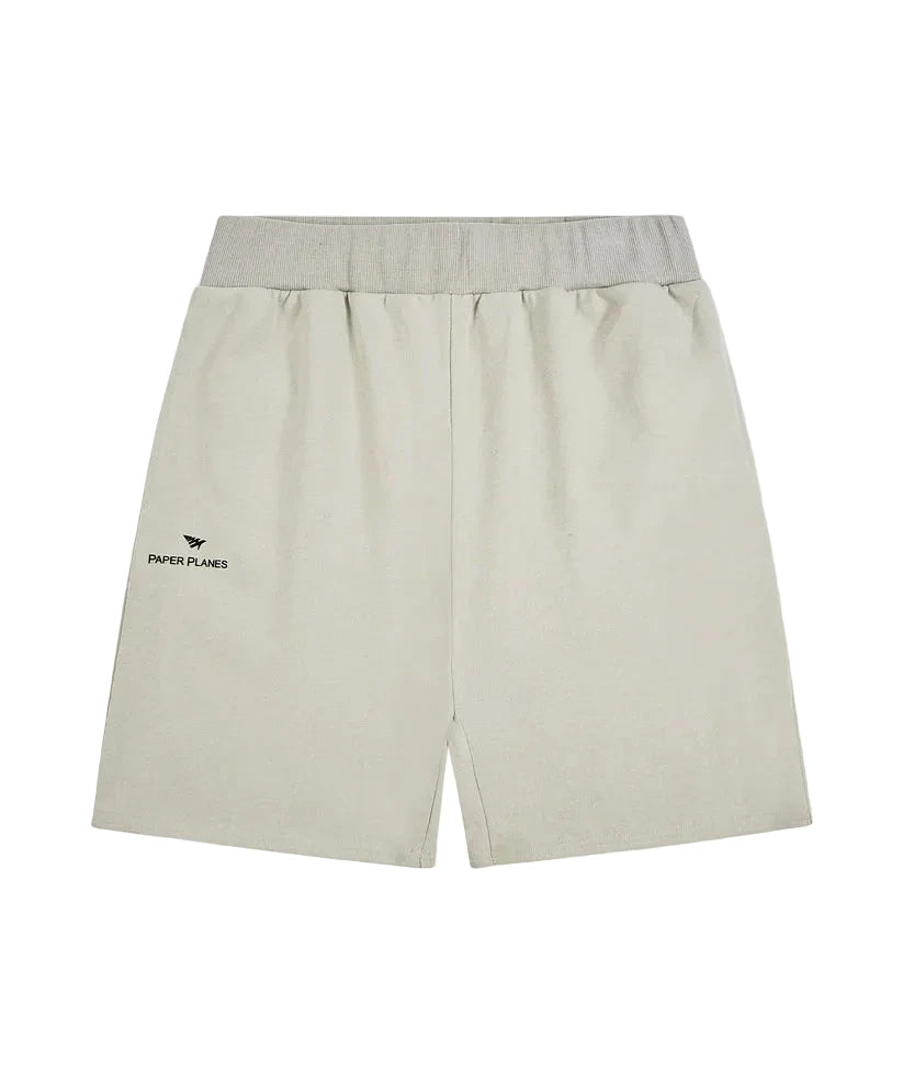 Paper Planes Lockup shorts in grey with heavyweight French Terry cotton, classic fit, silicone logo detail, and hidden media pockets.