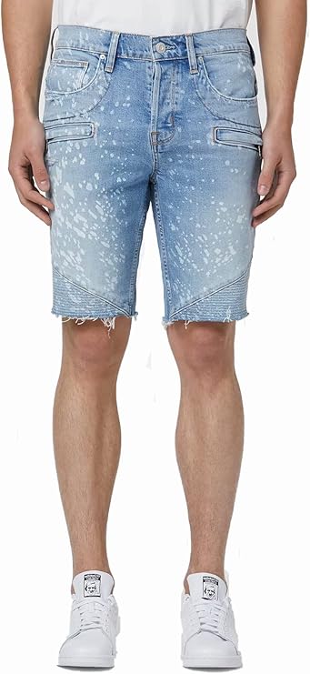  Hudson Blinder Biker V2 Short in Indigo Spray with ribbed panels, zip pockets, and slim moto fit