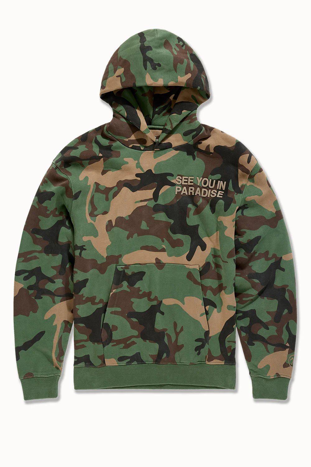 The SYIP Pullover Hoodie in Vintage Camo brings a sharp, technical look with everyday comfort. Designed in a classic hoodie silhouette, it features an all-over camo print and tonal high-density graphics on the chest and back. Made from combed cotton low-shrinkage fleece, this hoodie delivers softness, durability, and a crisp fit. Finished with ribbed cuffs, a ribbed waistband, and a front kangaroo pocket, it pairs perfectly with the matching SYIP Stacked Sweatpants in Vintage Camo.