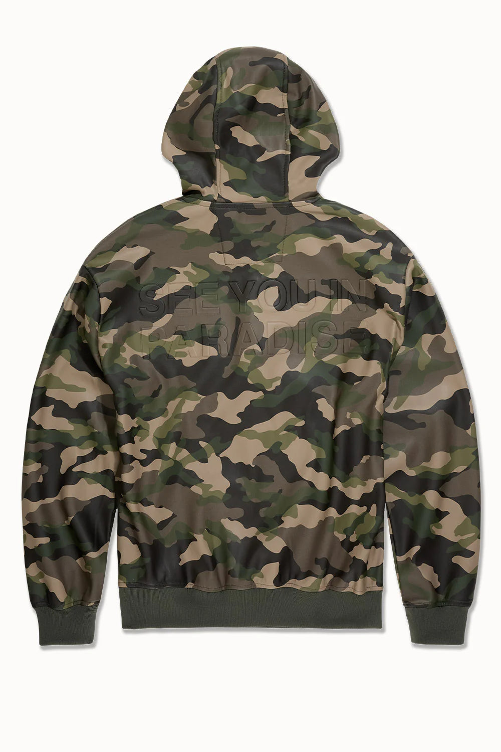 See You in Paradise Vintage Camo hoodie with digital camo print, embossed chest and back logo, vegan leather finish, and kangaroo pocket.