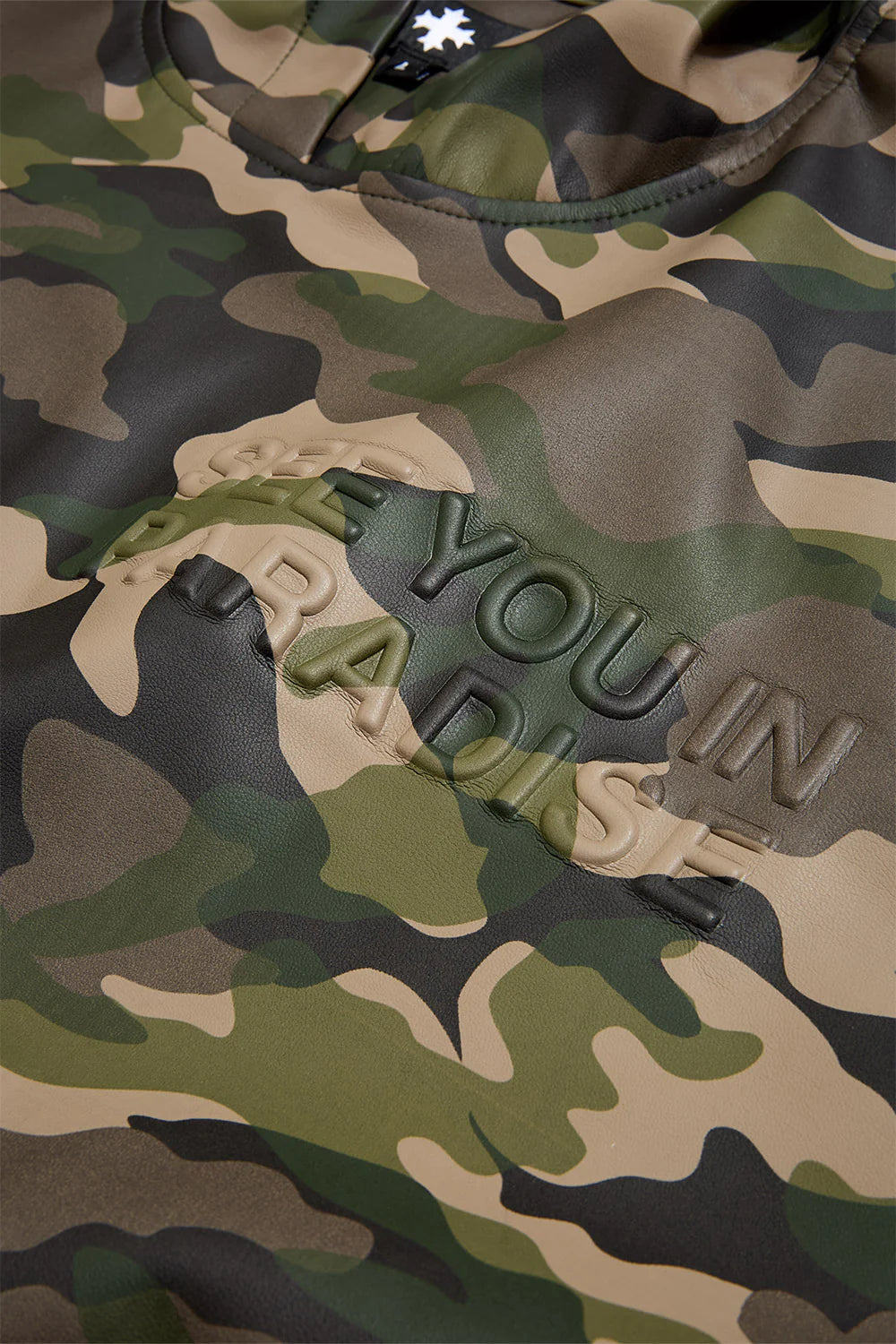See You in Paradise Vintage Camo hoodie with digital camo print, embossed chest and back logo, vegan leather finish, and kangaroo pocket.